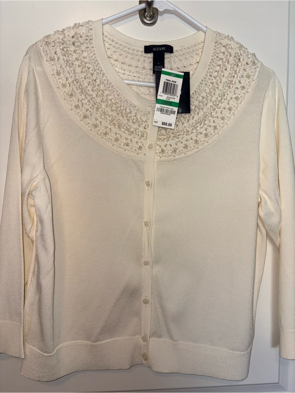 Alfani Cream Beaded Collar Button-Front Cardigan